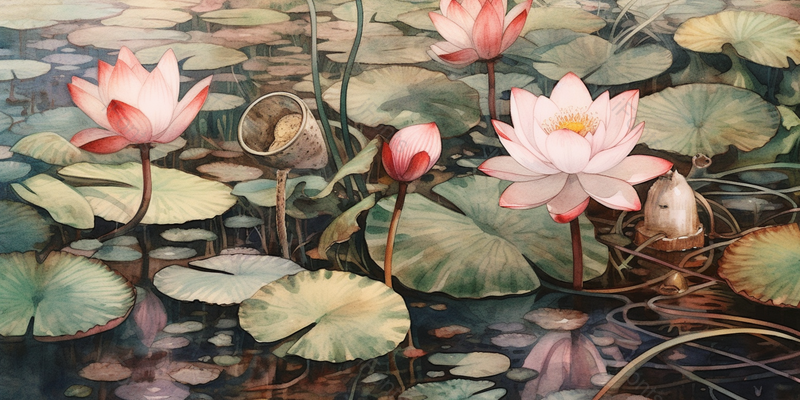 仿古夏天夏至绿色池塘荷花荷叶白天自然植物插画,插画/手绘图,插画/手绘图库,插画/手绘图下载,插画/手绘